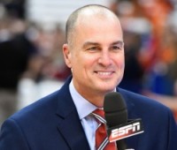 Feb 14, 2015; Syracuse, NY, USA; ESPN analyst Jay Bilas looks on prior to the game between the Duke Blue Devils and the Syracuse Orange at the Carrier Dome. Duke defeated Syracuse 80-72. Mandatory Credit: Rich Barnes-USA TODAY Sports